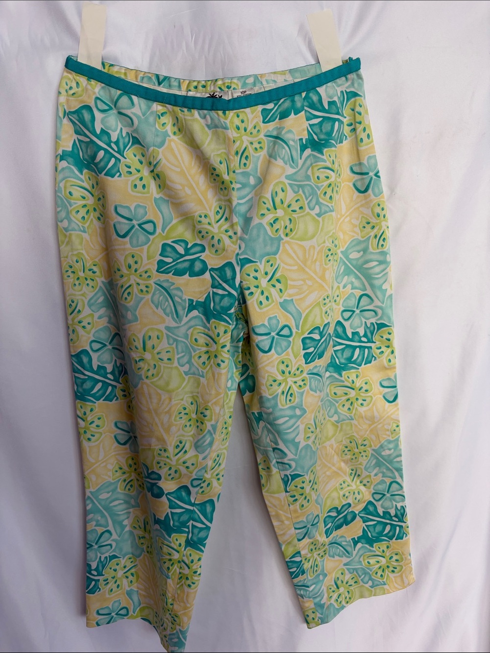 Vtg Island Republic Tropical Floral Print Capris, turquoise/yellow/green, 10P